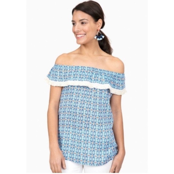 ROBERTA ROLLER RABBIT Lucia Fringe Off Shoulder Top Blue Tile Print sz S - Picture 3 of 8
